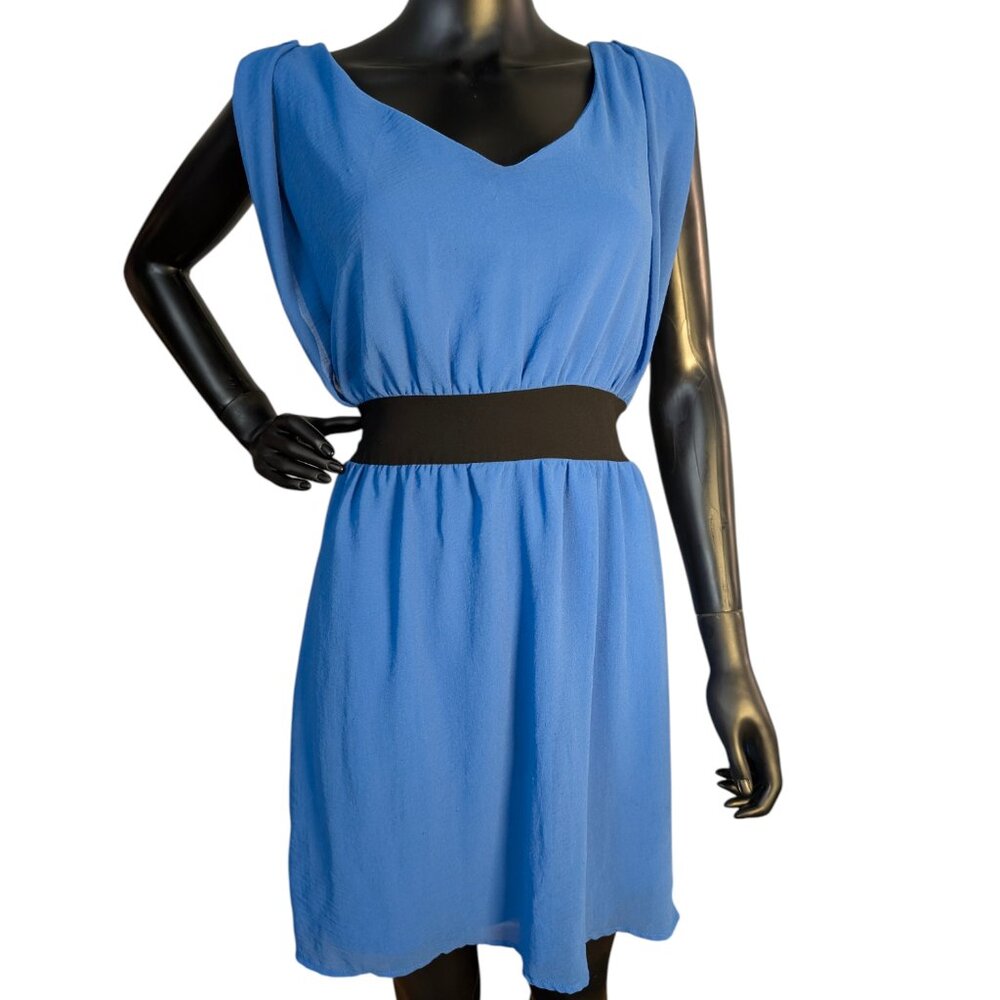 Alya Blue Sleeveless Dress Women’s Medium Black Waist Tie V-Neck